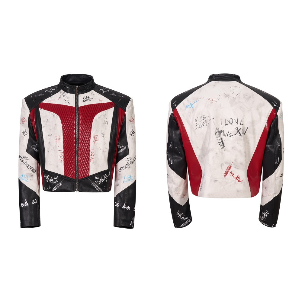 Short Stand-up Collar Graffiti Leather Jacket For Men