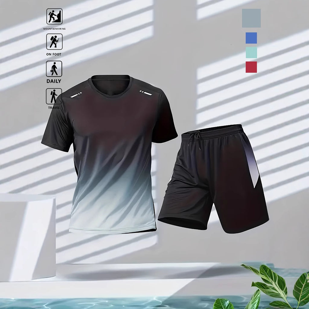 Gradient Motion Fitness Wear Summer Casual Set Short Sleeve Shorts