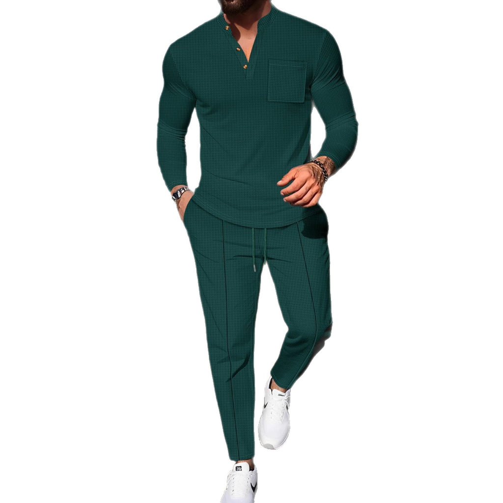 Men's Waffle Henley Neck Pants Long Sleeve T-Shirt Casual Set