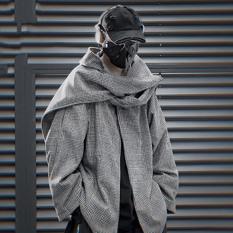 Double-shoulder Scarf Woolen Coat Men's Loose Casual Houndstooth Top Fashion