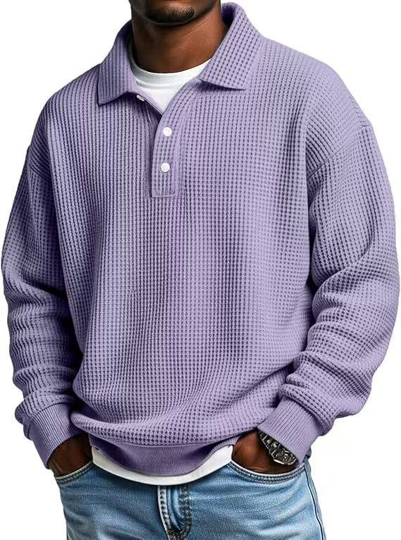 Men's Waffle-Knit Polo Shirt, Retro Solid-Color Top