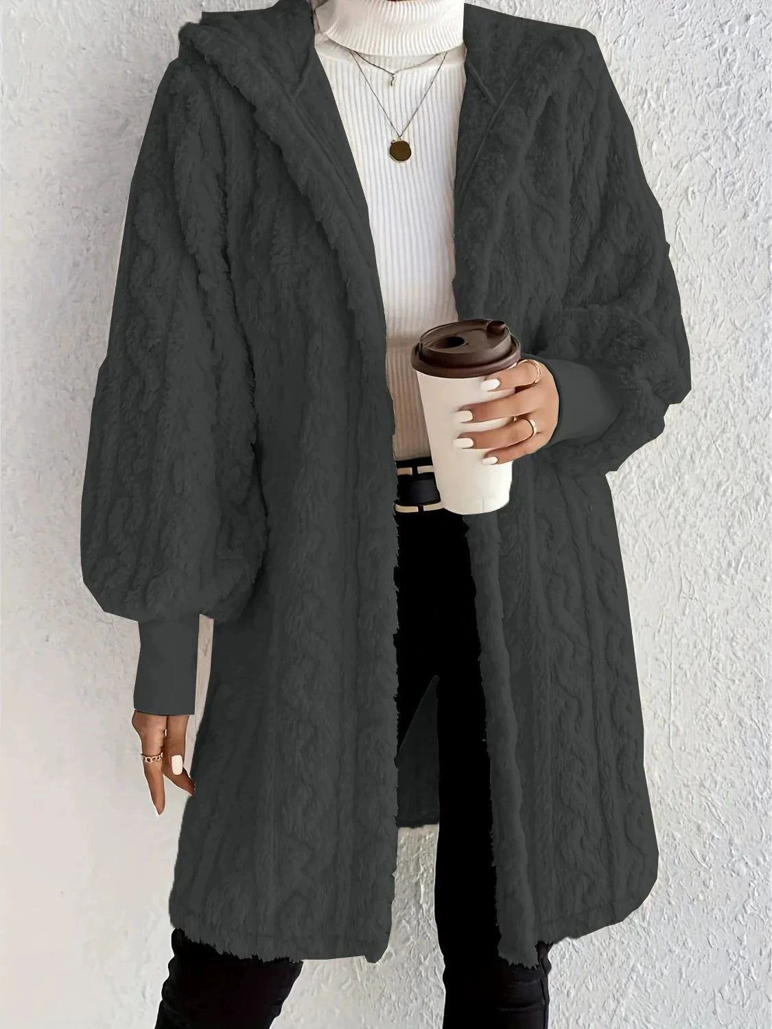 Hooded Double-sided Plush Cuff Thread Long Coat