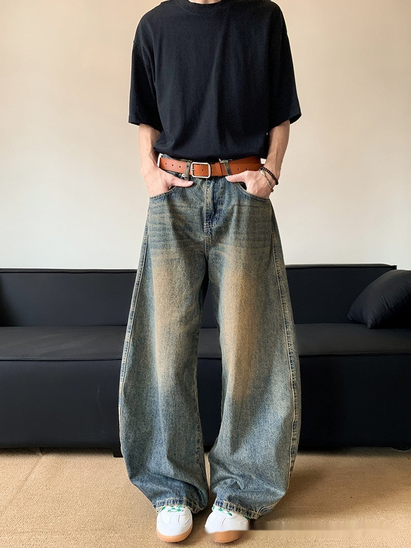 Summer American Retro Distressed Machete Denim Slimming Wide-leg Pants For Men