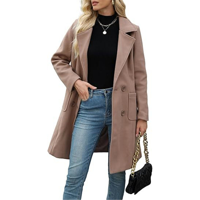 Winter Korean Style Slim Mid-length Double Breasted Turn-down Collar Coat