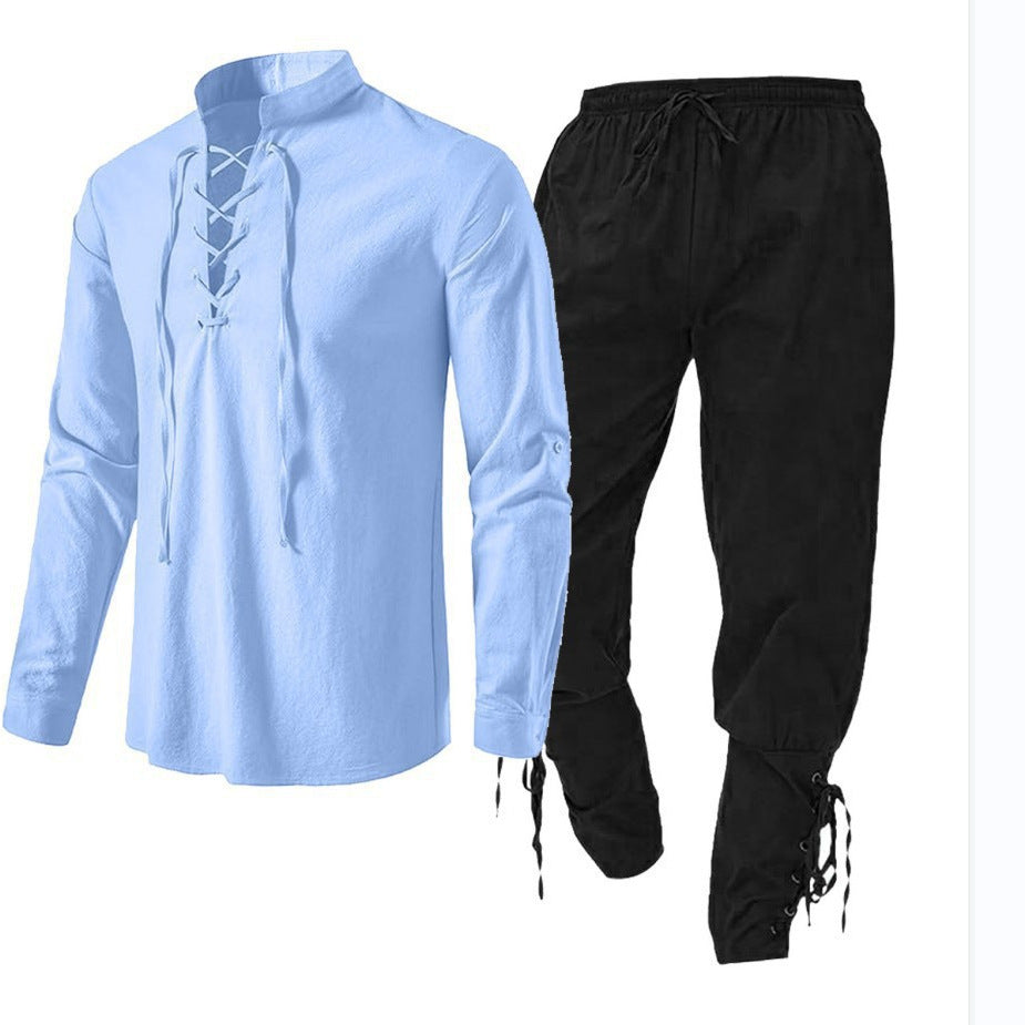 Men's Long Sleeve Linen Cotton Shirt Casual Solid Color Two-Piece Set