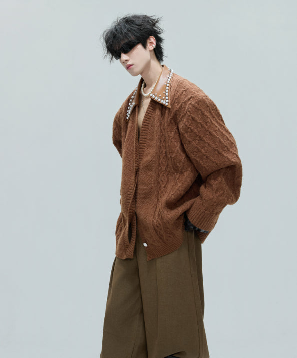 Vintage Handmade Pearl Padded Lapel Knitted Cardigan