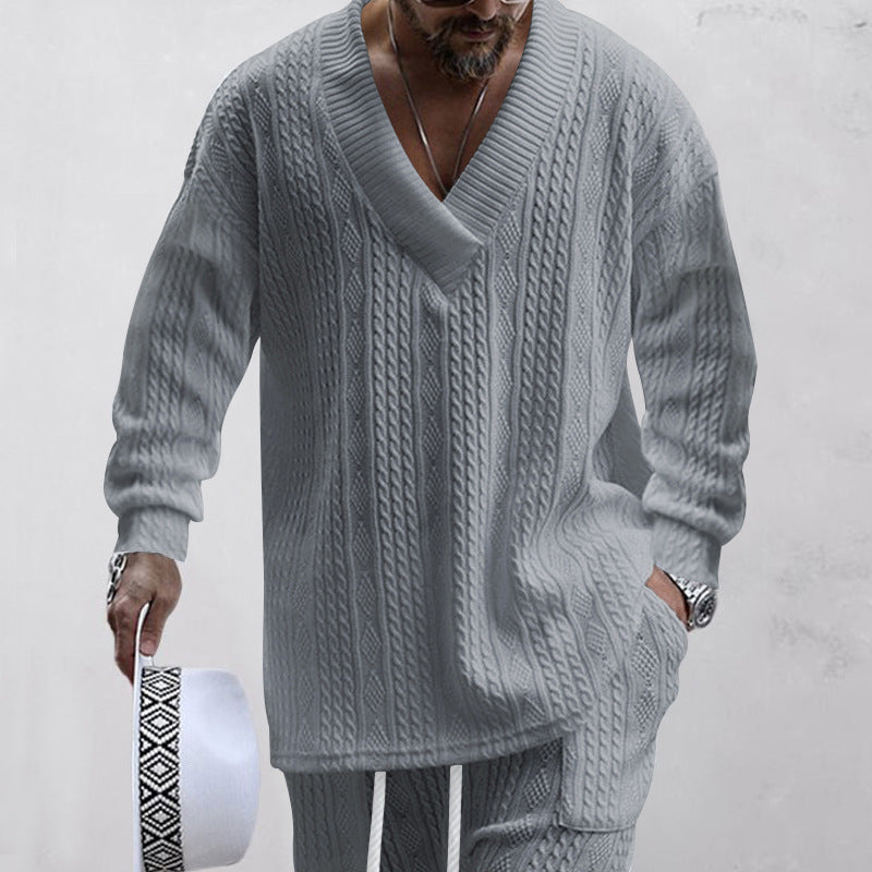 European And American Style Men's Clothing Jacquard Loose-fitting Knitted Solid Color Casual V-neck Long-sleeve Knitwear