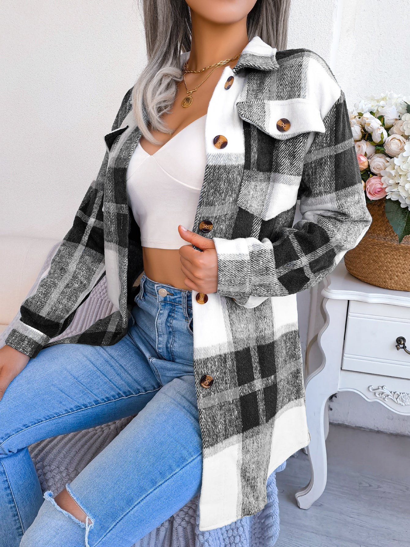 Women's Color-Blocked Plaid Long Sleeve Tie-Waist Thick Tweed Coat