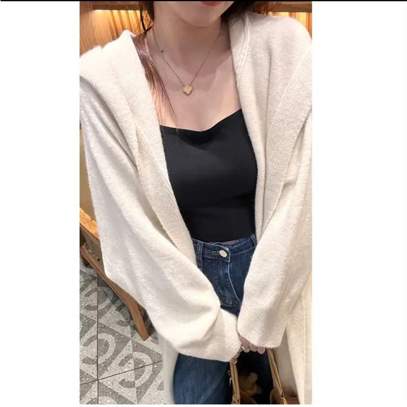 Korean Style Idle Style Hooded Long Below The Knee Knitted Cardigan For Women