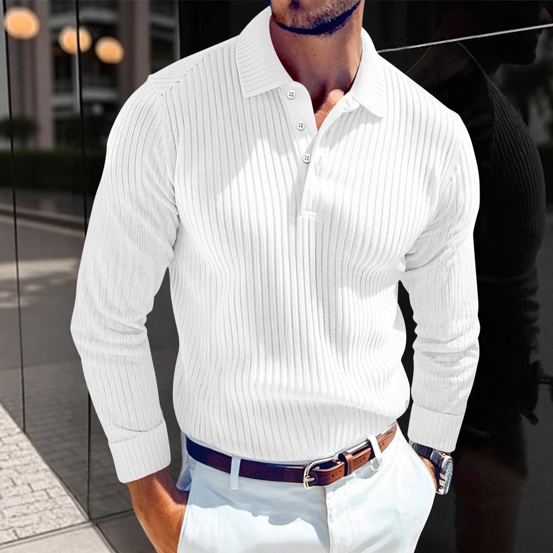 Men's T-shirt With A Turn-down Collar, Buttoned Long-sleeve Polo Shirt