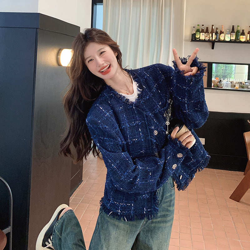 High-grade Retro Blue Coat Niche Tassel Jacket