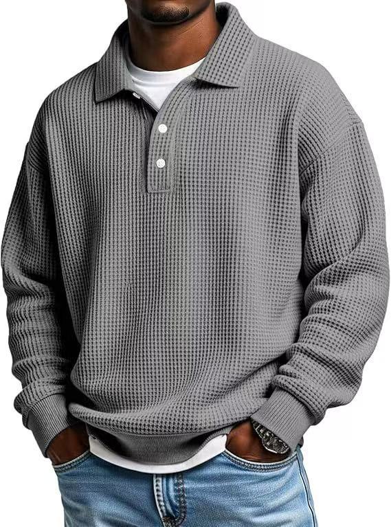 Men's Waffle-Knit Polo Shirt, Retro Solid-Color Top