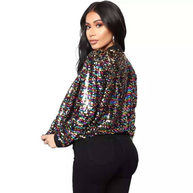 Women's Sequins Zipper Clothes Long Sleeve Cardigan Jacket