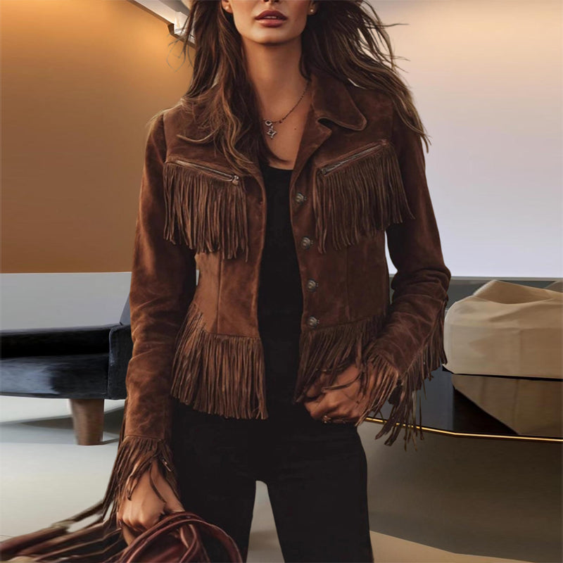 Women's Solid Color Fringe Suede-Look Jacket, Western Style Long Sleeve Button Front Coat For Fall & Winter