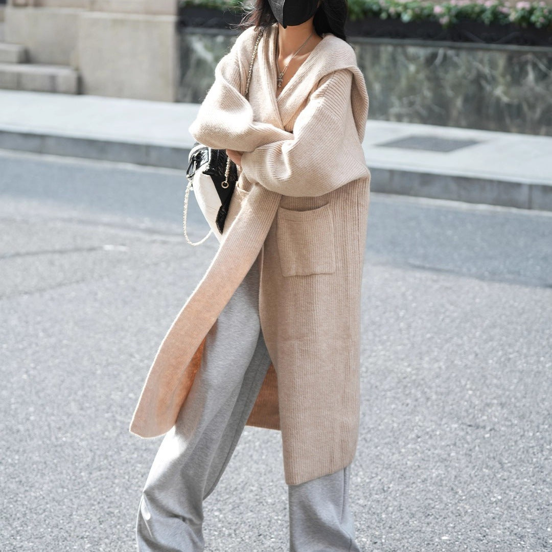Long Knitted Cardigan Women's Sweater Hooded Trench Coat Coat