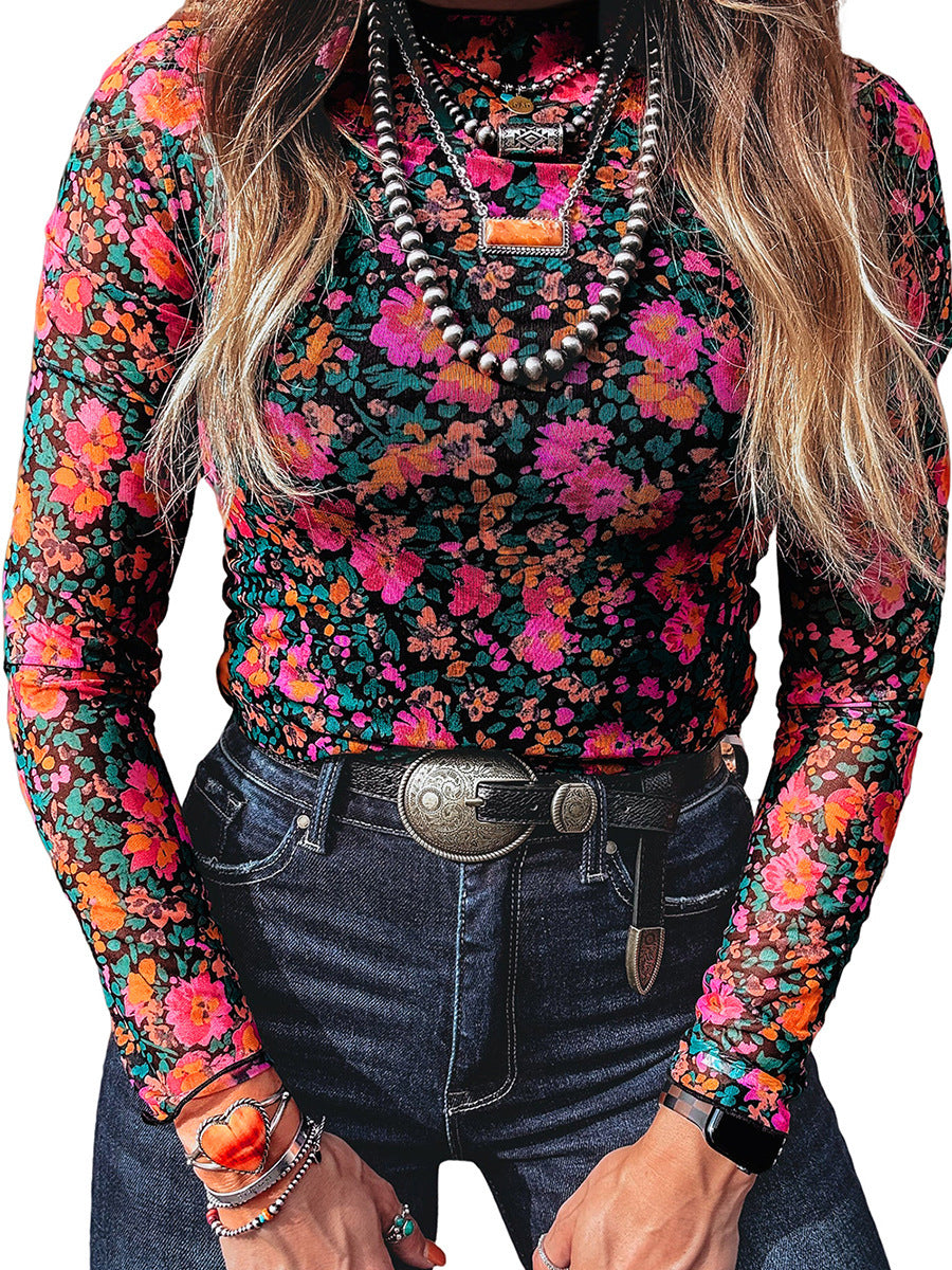 Women's Round-neck Fashionable Versatile Floral-print Top