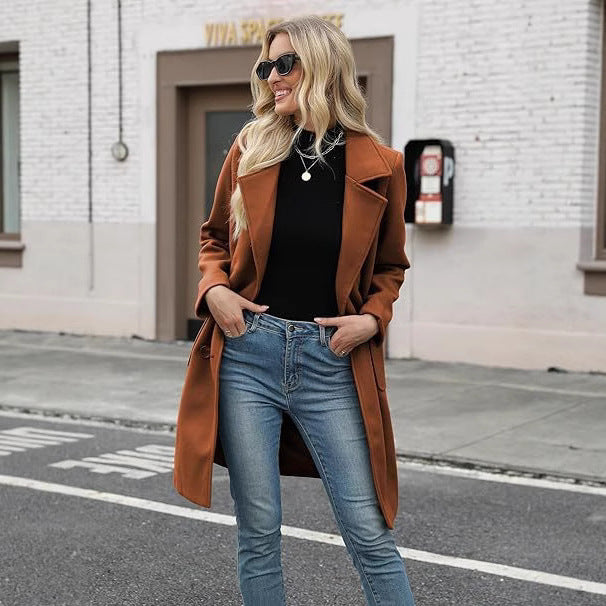 Winter Korean Style Slim Mid-length Double Breasted Turn-down Collar Coat