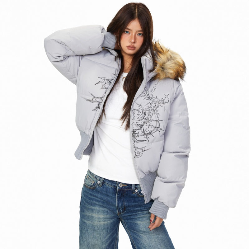 Detachable Fur Collar Printed Hooded Cotton Jacket Women's American Hot Girl