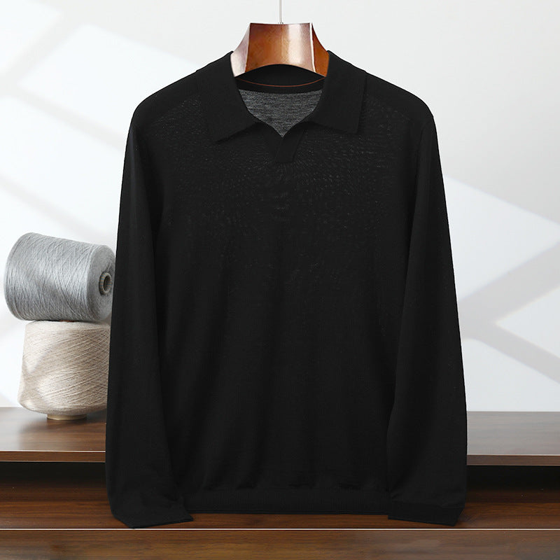Men's Thin Worsted Pure Wool Sweater POLO Lapel Shirt