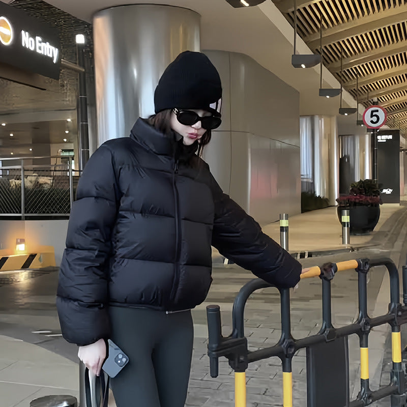 Women's Short Solid Color High-waisted Stand-collar Padded Cotton Coat