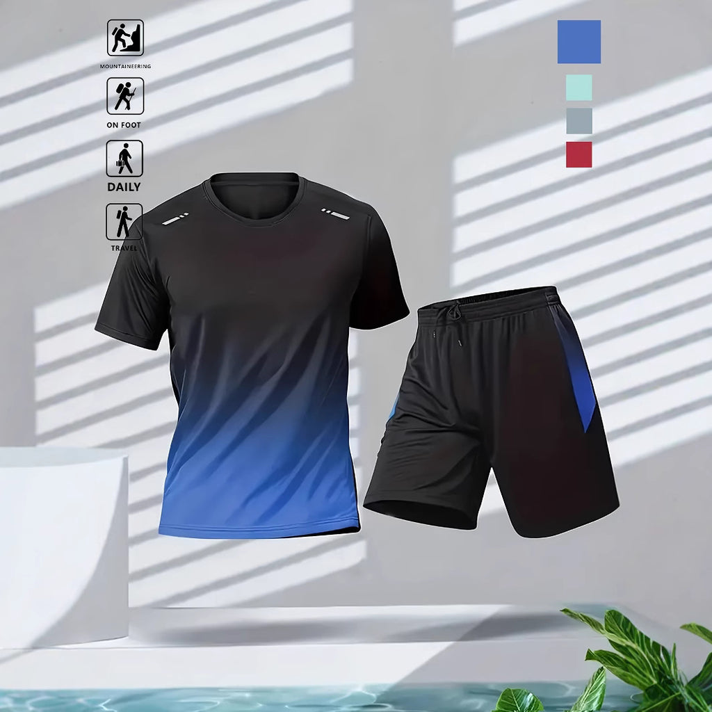 Gradient Motion Fitness Wear Summer Casual Set Short Sleeve Shorts