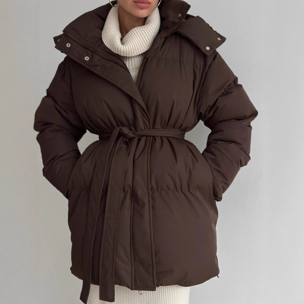 Casual Waist Tight Skinny Slimming Hooded Mid-length Bread Cotton-padded Jacket