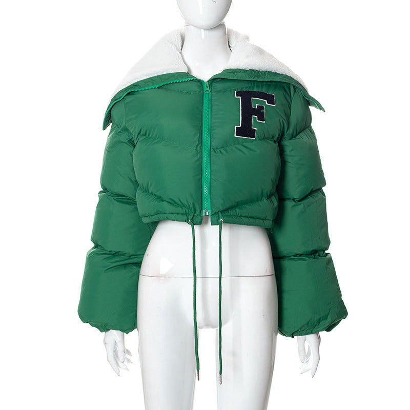 Letter Fur Collar Zipper Drawstring Women's Casual Cotton-padded Jacket Top