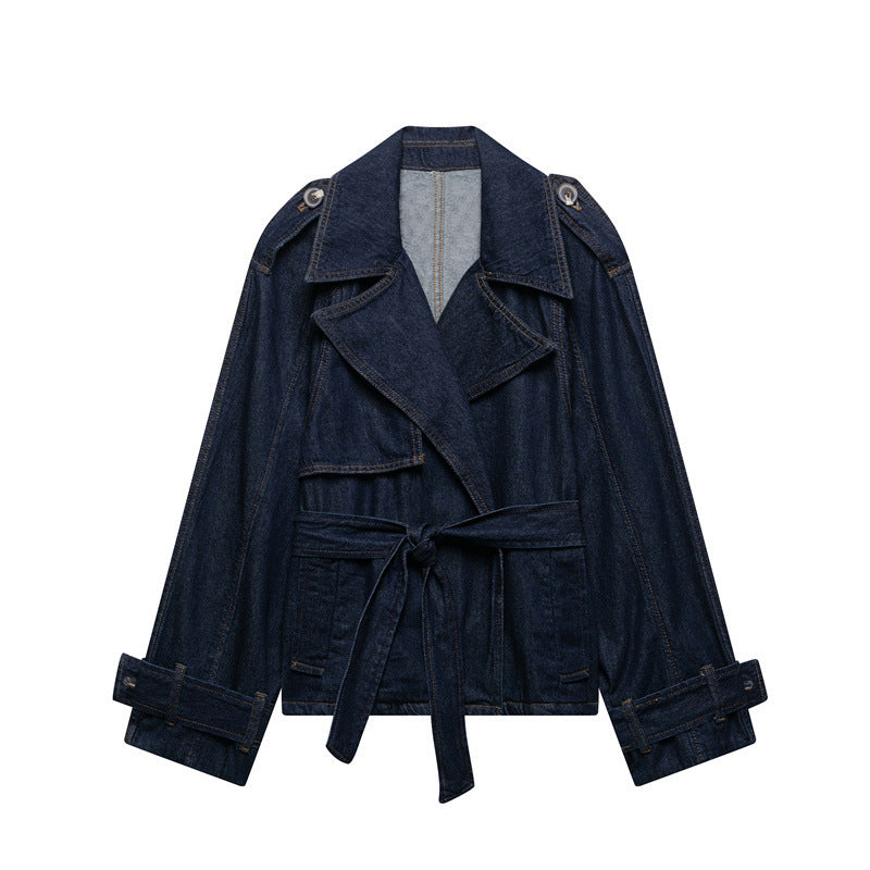 French Blue Belt Short Wide Design Denim Trench Coat