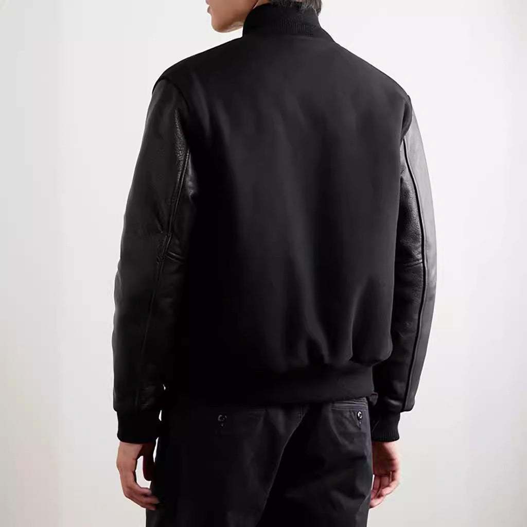 Men's PU Leather Sleeve Spliced Flight Jacket