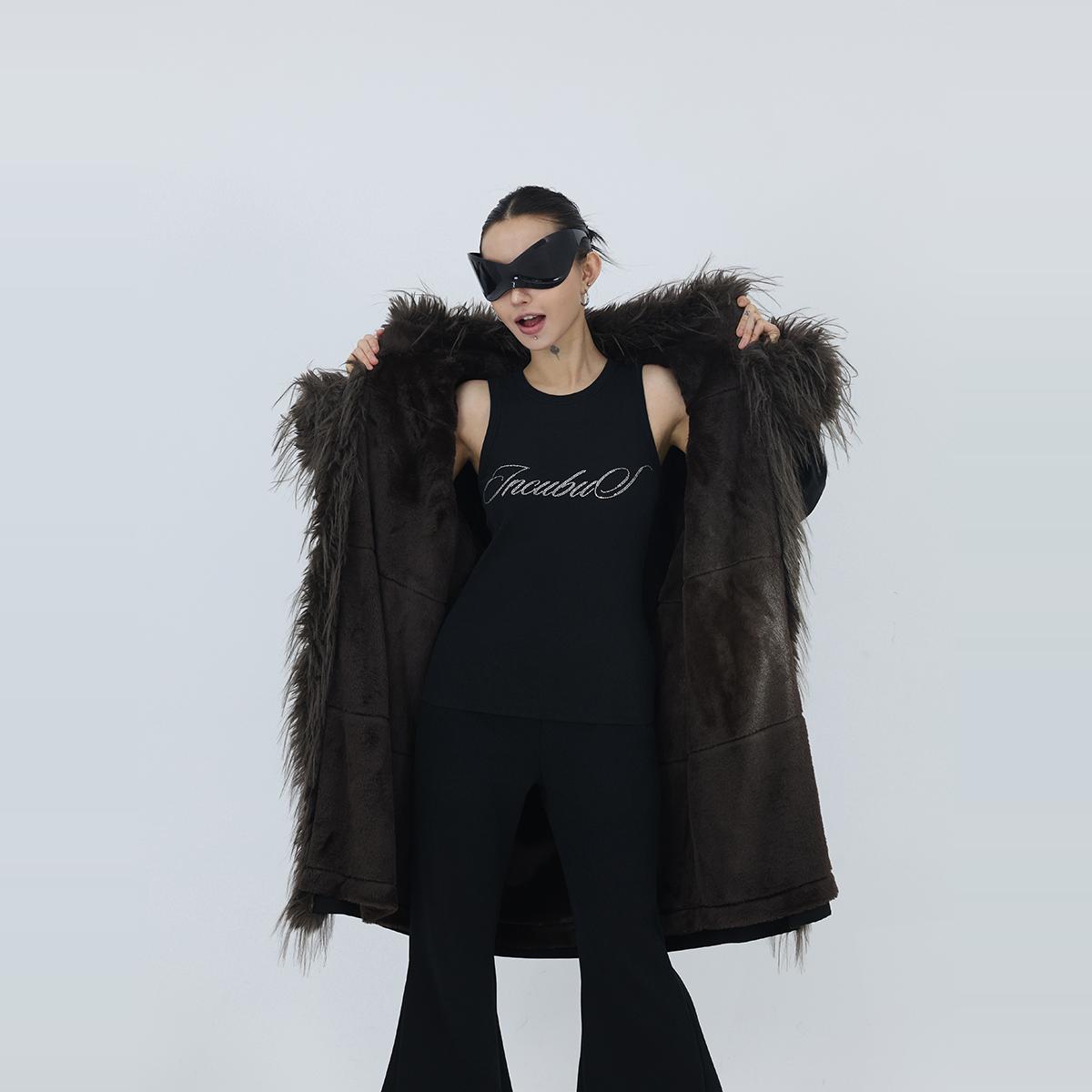 Female Plush Inner Stand Collar Black Cotton Jacket