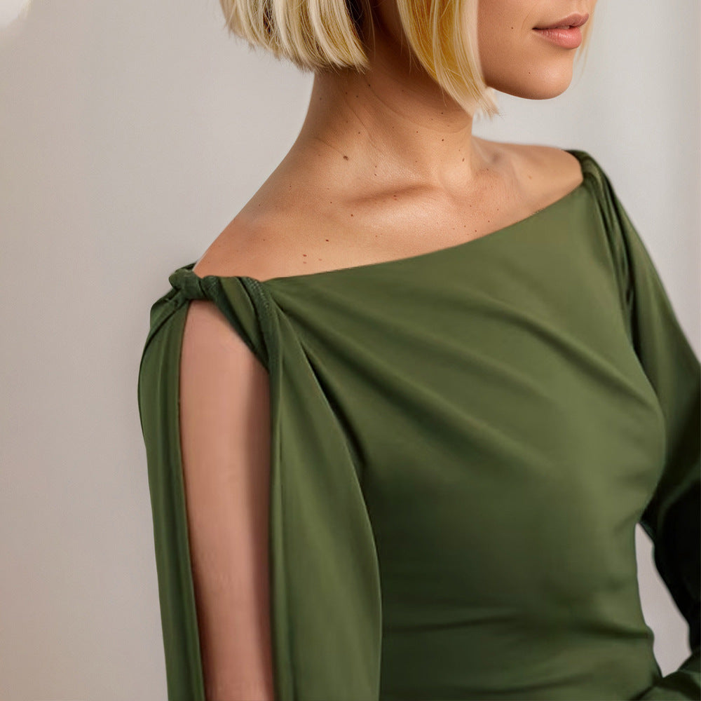 Women's Knit Top With A Boat Neckline Off-the-shoulder Design Long Sleeves Personalized Hollow-out Detailing And Twisted Cuff Accents For A Figure-hugging Fit