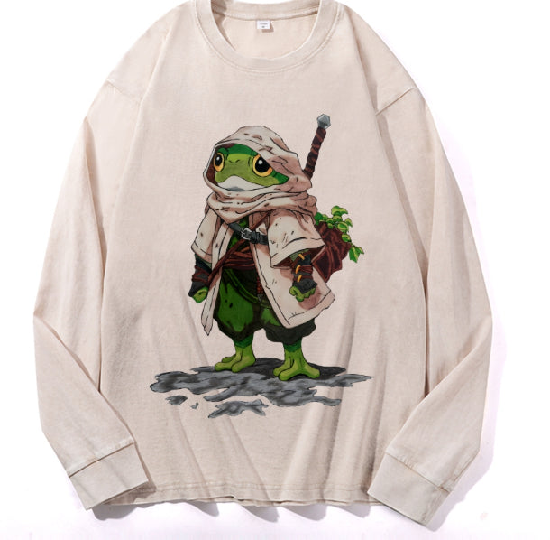 Washed-and-aging Long-sleeve Drawstring Pure Cotton In Color