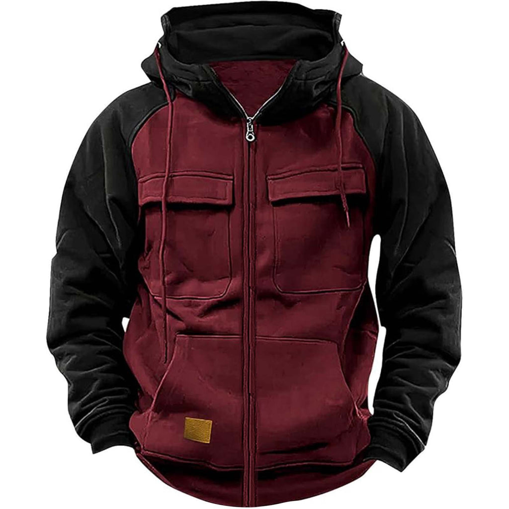 Men's Hooded Solid Color Youth Sports Multi-pocket Patch Hoodie