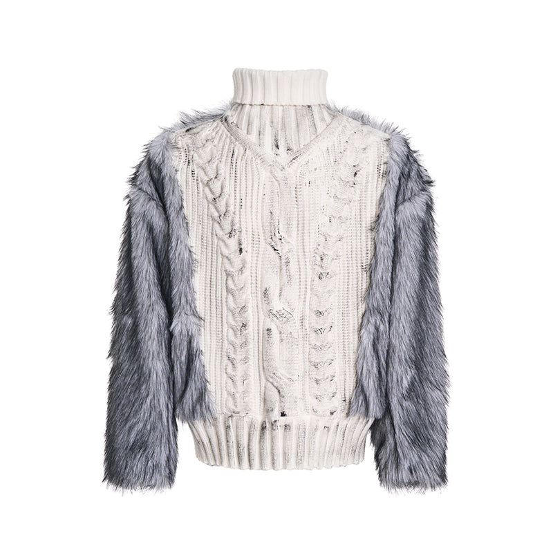 Brushed Lining Thick Fur Patchwork Turtleneck Sweater For Men