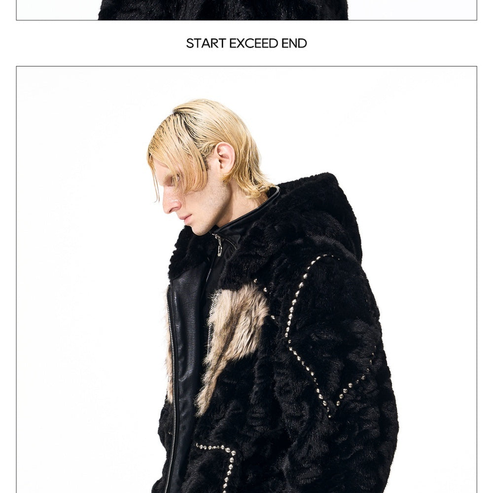 Color-blocked Heart-patterned Thick Faux Fur Hooded Jacket