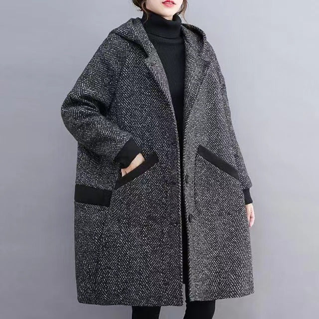 Winter Korean Style Loose Hooded Women's Mid-length Velvet Padded Thickened Coat