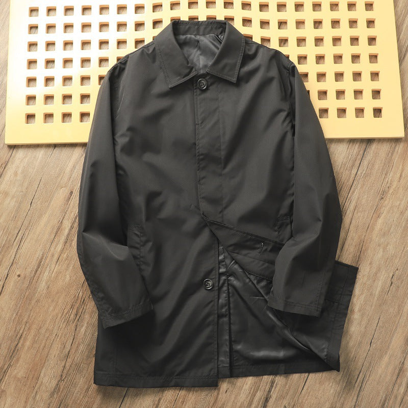 Solid Color Casual Polo Collar Mid-length Trench Coat Men