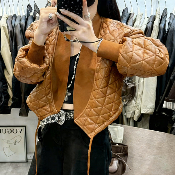 Temperament Long-sleeve Plaid Loose Cotton-padded PU Leather Jacket