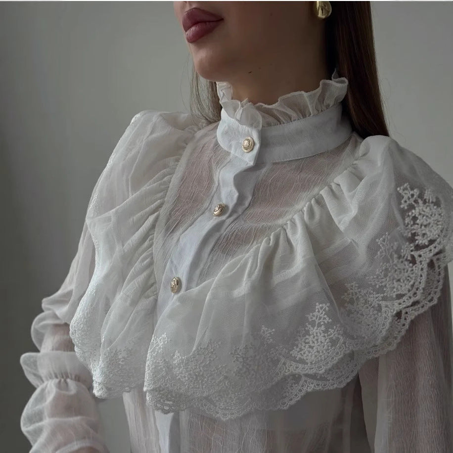 Stand-collar Chiffon Top With A Fashionable Design And Ruffled Hem
