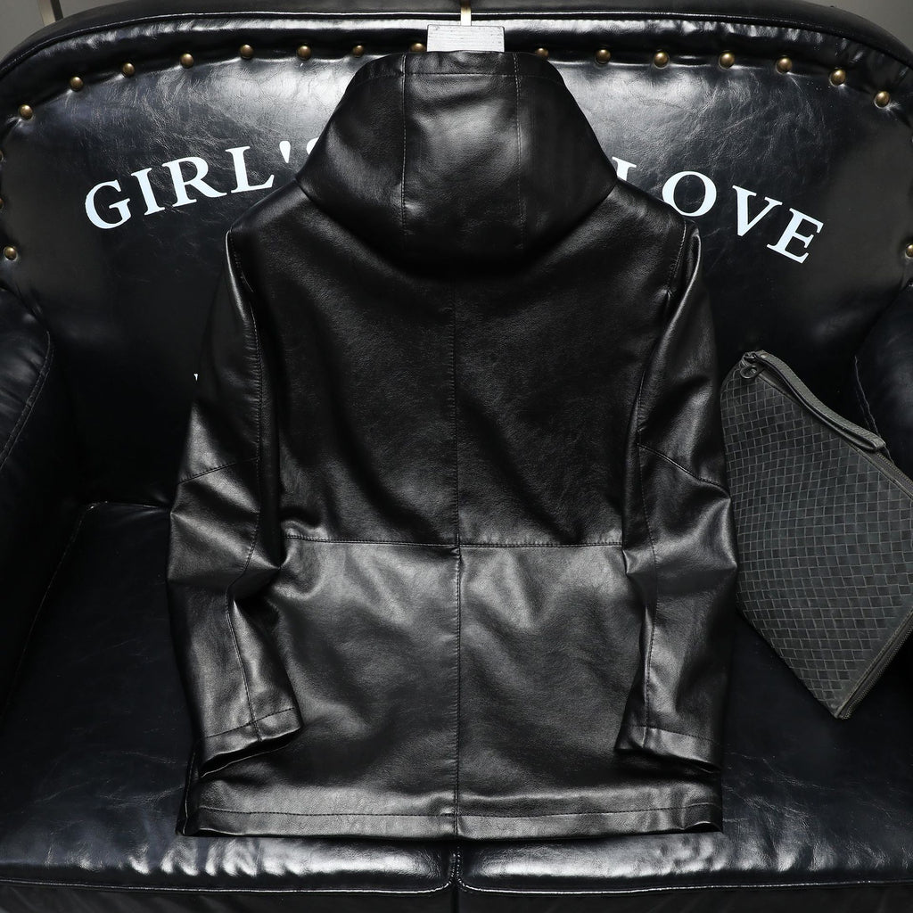 Mid-length Hooded Men's Leather Jacket Fleece-lined Thickened