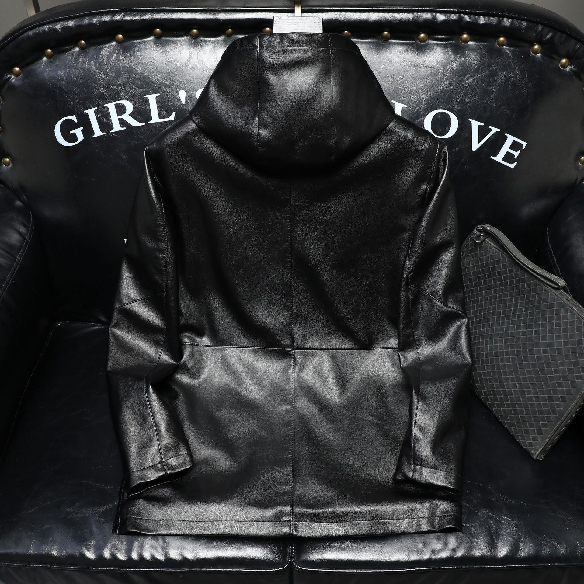 Mid-length Hooded Men's Leather Jacket Fleece-lined Thickened