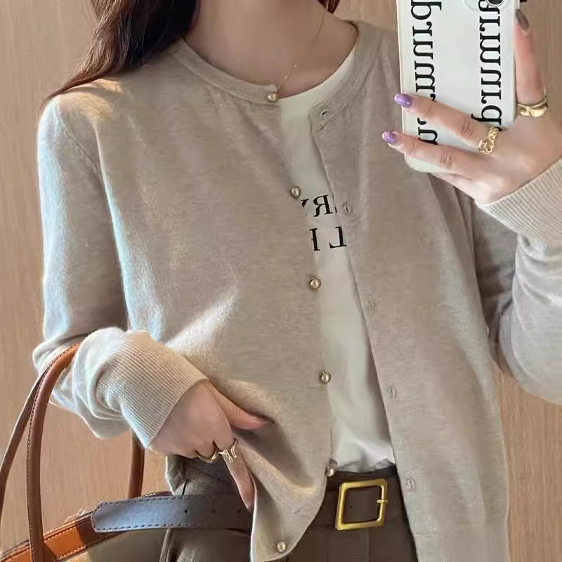 Gray Knitted Cardigan Women's Autumn Outerwear High-grade Sweater Coat