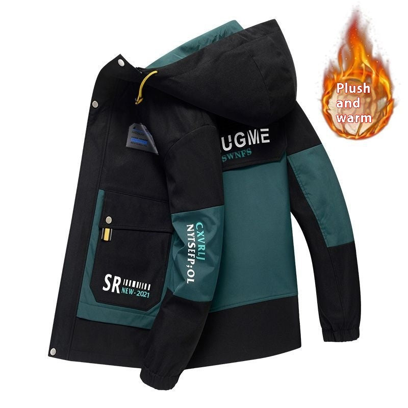 Outdoor Fleece-lined Warm Korean Style Leisure Trendy Hooded Multicolor Printing Jacket