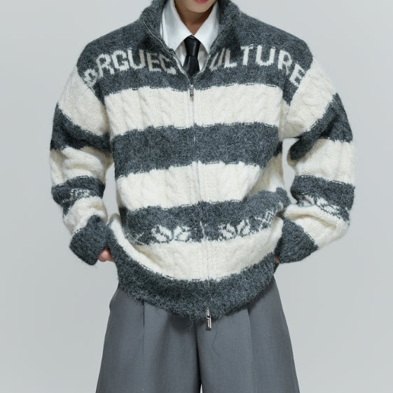 Black And White Contrast Color Thick Needle Woven Cardigan