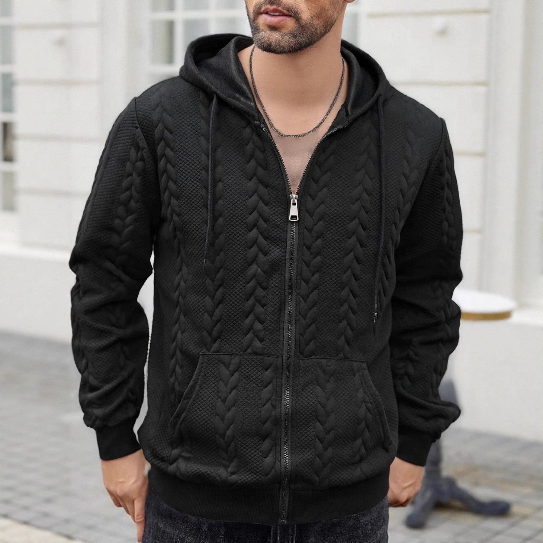 Men's Sporty Solid-Color Patterned Casual Hoodie Coat