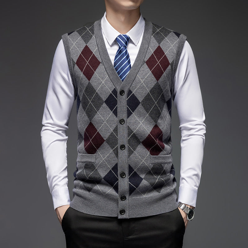 Men's Knitted Wool Vest Cardigan Sleeveless Pocket V-neck Vest
