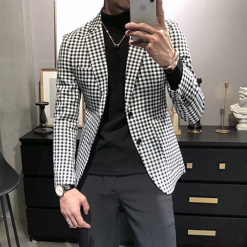 Casual Slim-fit Black And White Plaid Artistic Youth Fashion Jacket
