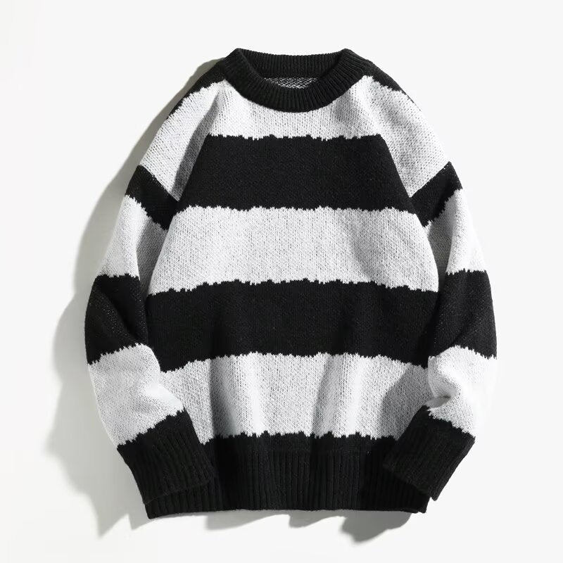 Winter Contrast Color Striped Round Neck Sweater Men