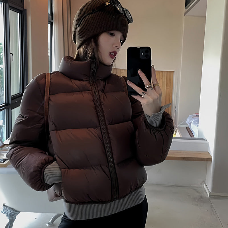 Women's Short Solid Color High-waisted Stand-collar Padded Cotton Coat