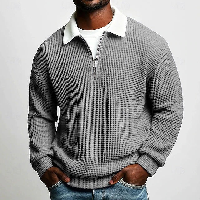 Men's Solid-Color Waffle-Weave Long-Sleeve Lapel Zip-Up Shirt